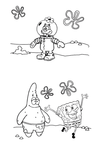 Desenho De Bob Esponja Happy With Patrick And Sandy Cheeks Para Colorir