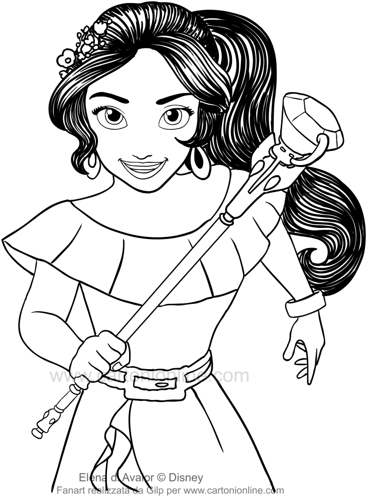 Drawing Elena of Avalor who running with the scepter coloring pages printable for kids
