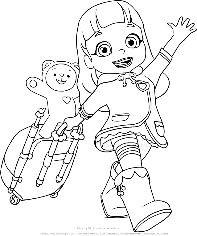 Drawing Rainbow Ruby who travels with her teddy bear Choco coloring pages printable for kids